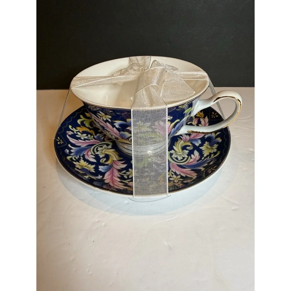 Grace Fine Porcelain Jumbo Teacup Saucer Blue Floral Gold Gift Set New